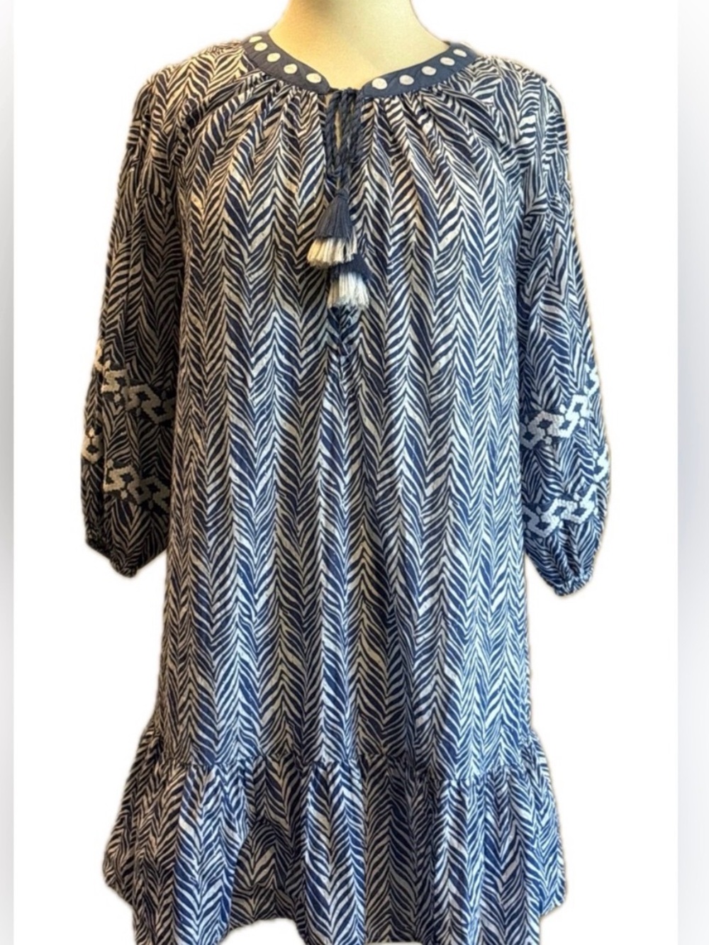 Shoshanna Harbor Tassel Cotton Dress – Wave Blue Boho Tunic – Size S
